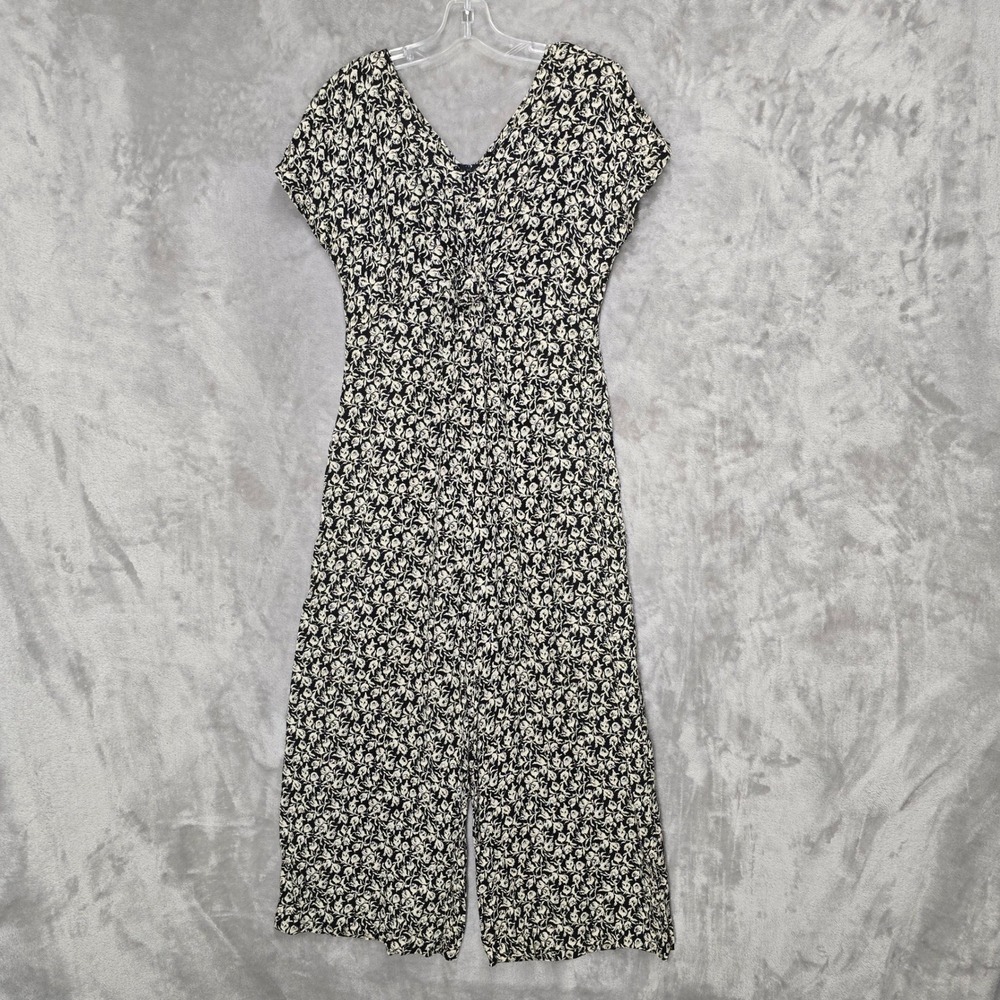 Young Hawaii Jumpsuit Womens L Petite Black Floral Rayon Vintage 90s Made in USA
